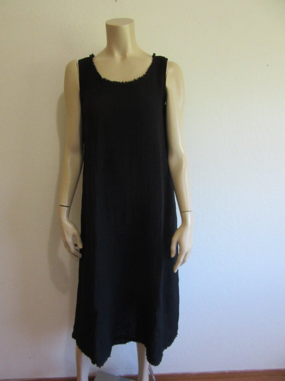 EILEEN FISHER Black S/P Fringed Neckline & Hem Sleeveless Summer Dress